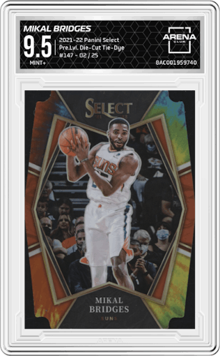 Mikal Bridges from the 2021-22 Panini Select set featuring a Die-Cut Tie-Dye parallel graded by Arena Club and given an overall grade of 9.5.