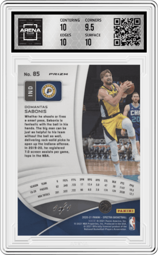 Domantas Sabonis from the 2020-21 Panini Spectra set featuring a Asia Black parallel graded by Arena Club and given an overall grade of 10.