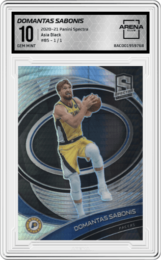 Domantas Sabonis from the 2020-21 Panini Spectra set featuring a Asia Black parallel graded by Arena Club and given an overall grade of 10.
