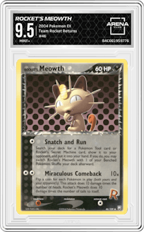 Rocket's Meowth from the 2004 Pokemon EX set graded by Arena Club and given an overall grade of 9.5.