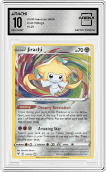 Jirachi from the 2020 Pokemon SWSH set graded by Arena Club and given an overall grade of 10.