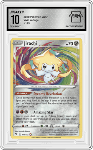 Jirachi from the 2020 Pokemon SWSH set graded by Arena Club and given an overall grade of 10.
