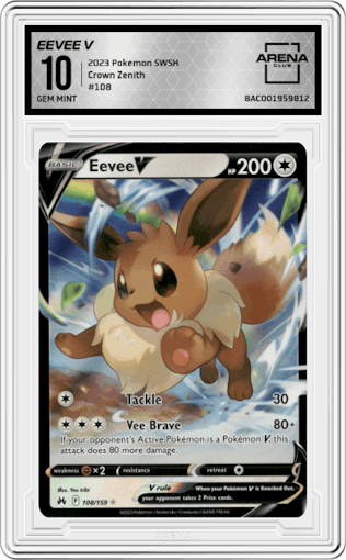 Eevee V from the 2023 Pokemon SWSH set graded by Arena Club and given an overall grade of 10.