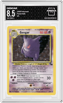 Gengar from the 1999 Pokemon set graded by Arena Club and given an overall grade of 8.5.