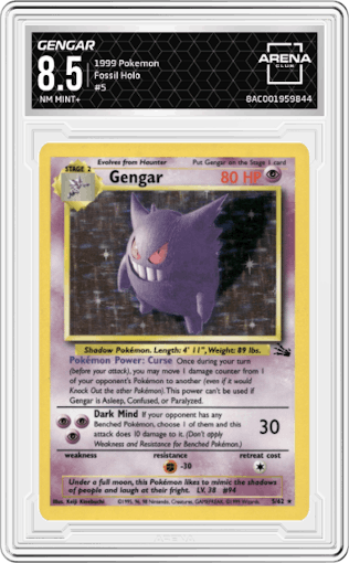 Gengar from the 1999 Pokemon set graded by Arena Club and given an overall grade of 8.5.