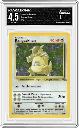 Kangaskhan from the 1999 Pokemon set graded by Arena Club and given an overall grade of 4.5.