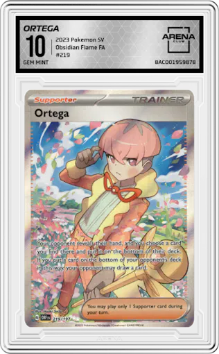 Ortega from the 2023 Pokemon SV set graded by Arena Club and given an overall grade of 10.
