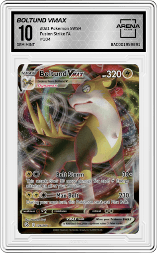 Boltund VMAX from the 2021 Pokemon SWSH set graded by Arena Club and given an overall grade of 10.