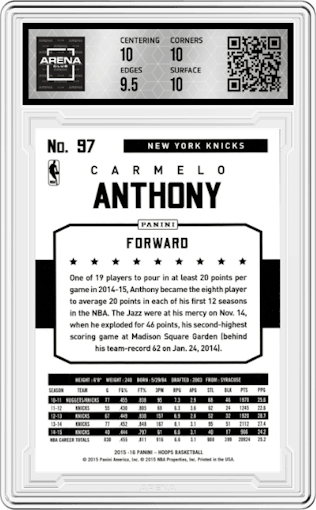 Carmelo Anthony from the 2015-16 Panini NBA Hoops set featuring a Gold parallel graded by Arena Club and given an overall grade of 10.