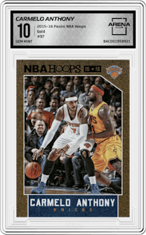 Carmelo Anthony from the 2015-16 Panini NBA Hoops set featuring a Gold parallel graded by Arena Club and given an overall grade of 10.