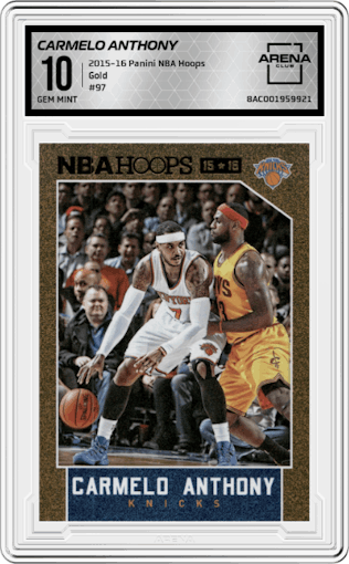 Carmelo Anthony from the 2015-16 Panini NBA Hoops set featuring a Gold parallel graded by Arena Club and given an overall grade of 10.