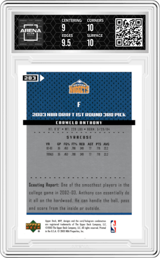 Carmelo Anthony  from the 2003-04 Upper Deck MVP set graded by Arena Club and given an overall grade of 9.5.