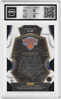 Jalen Brunson from the 2022-23 Panini Select set featuring a Die-Cut Blue parallel graded by Arena Club and given an overall grade of 10.
