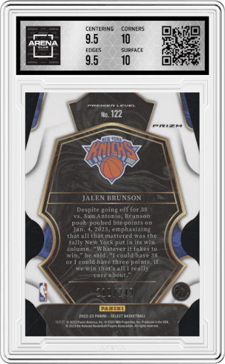 Jalen Brunson from the 2022-23 Panini Select set featuring a Die-Cut Blue parallel graded by Arena Club and given an overall grade of 10.