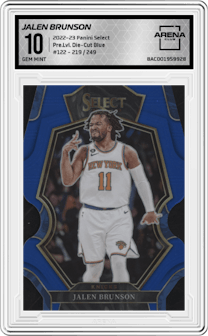 Jalen Brunson from the 2022-23 Panini Select set featuring a Die-Cut Blue parallel graded by Arena Club and given an overall grade of 10.