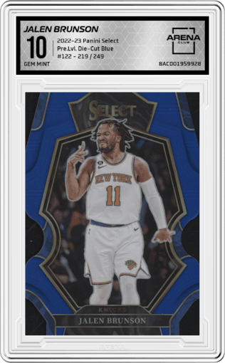 Jalen Brunson from the 2022-23 Panini Select set featuring a Die-Cut Blue parallel graded by Arena Club and given an overall grade of 10.