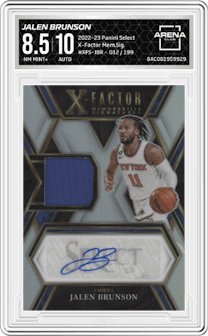 Jalen Brunson  from the 2022-23 Panini Select set graded by Arena Club and given an overall grade of 8.5.