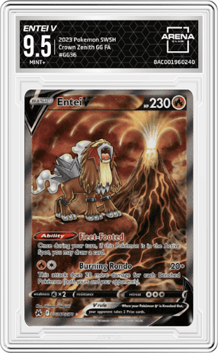 Entei V from the 2023 Pokemon SWSH set graded by Arena Club and given an overall grade of 9.5.