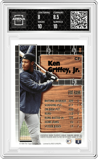 Ken Griffey Jr. from the 1994 Topps set graded by Arena Club and given an overall grade of 8.5.
