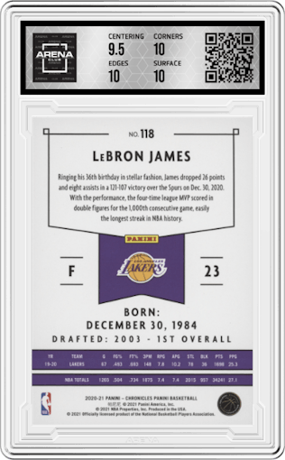 LeBron James from the 2020-21 Panini Chronicles set featuring a Teal parallel graded by Arena Club and given an overall grade of 10.