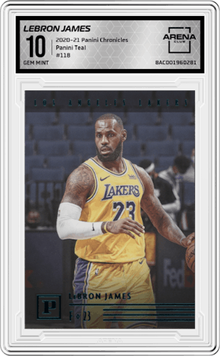 LeBron James from the 2020-21 Panini Chronicles set featuring a Teal parallel graded by Arena Club and given an overall grade of 10.