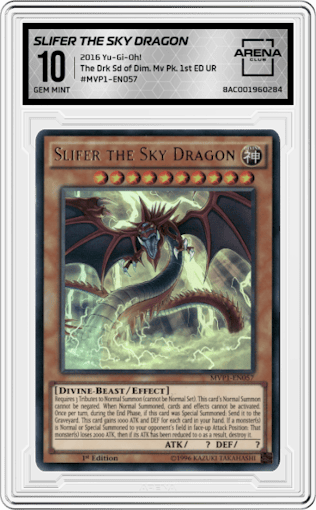 Slifer the Sky Dragon from the 2016 Yu-Gi-Oh! set graded by Arena Club and given an overall grade of 10.