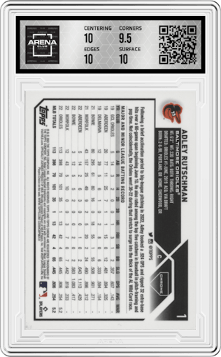 Adley Rutschman from the 2023 Topps Chrome set graded by Arena Club and given an overall grade of 10.