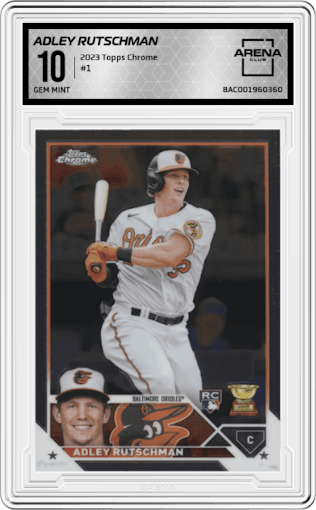 Adley Rutschman from the 2023 Topps Chrome set graded by Arena Club and given an overall grade of 10.
