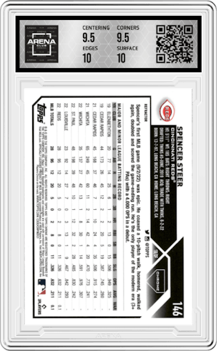 Spencer Steer from the 2023 Topps Chrome set featuring a Refractor parallel graded by Arena Club and given an overall grade of 10.