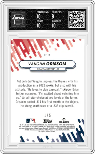 Vaughn Grissom from the 2023 Topps Pristine set featuring a Red parallel graded by Arena Club and given an overall grade of 9.5.