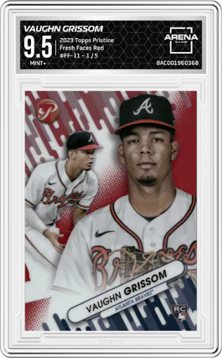 Vaughn Grissom from the 2023 Topps Pristine set featuring a Red parallel graded by Arena Club and given an overall grade of 9.5.