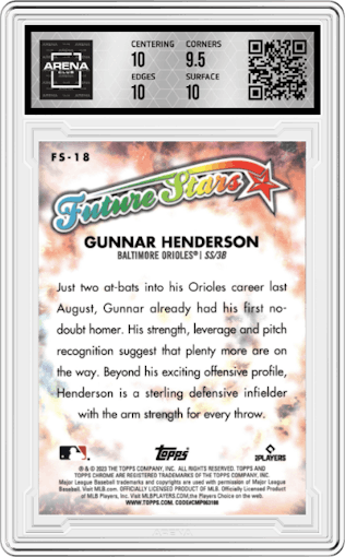 Gunnar Henderson from the 2023 Topps Chrome set graded by Arena Club and given an overall grade of 10.
