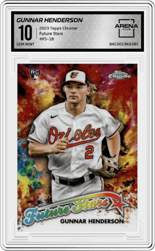 Gunnar Henderson from the 2023 Topps Chrome set graded by Arena Club and given an overall grade of 10.