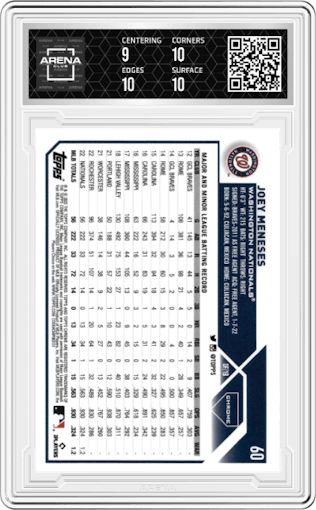Joey Meneses from the 2023 Topps Chrome set featuring a Negative Refractor parallel graded by Arena Club and given an overall grade of 9.5.