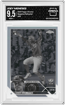 Joey Meneses from the 2023 Topps Chrome set featuring a Negative Refractor parallel graded by Arena Club and given an overall grade of 9.5.