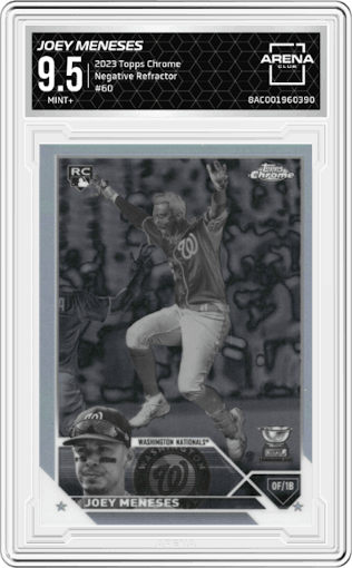 Joey Meneses from the 2023 Topps Chrome set featuring a Negative Refractor parallel graded by Arena Club and given an overall grade of 9.5.