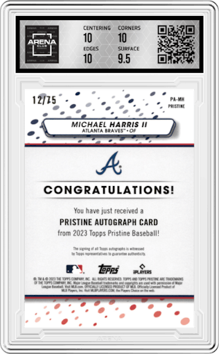 Michael Harris II from the 2023 Topps Pristine set featuring a Blue Refractor parallel graded by Arena Club and given an overall grade of 10.
