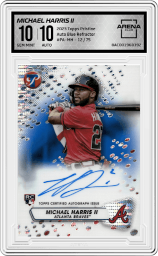 Michael Harris II from the 2023 Topps Pristine set featuring a Blue Refractor parallel graded by Arena Club and given an overall grade of 10.