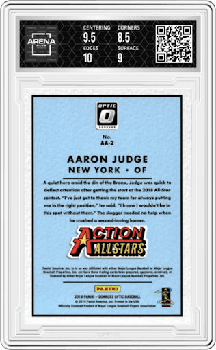 Aaron Judge from the 2019 Panini Donruss Optic set graded by Arena Club and given an overall grade of 9.