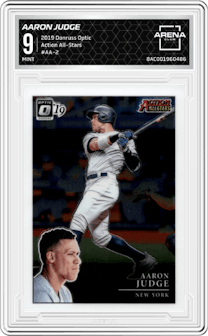 Aaron Judge from the 2019 Panini Donruss Optic set graded by Arena Club and given an overall grade of 9.