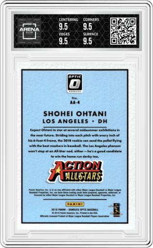 Shohei Ohtani from the 2019 Panini Donruss Optic set graded by Arena Club and given an overall grade of 9.5.