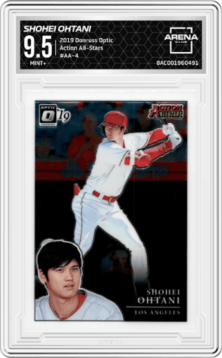 Shohei Ohtani from the 2019 Panini Donruss Optic set graded by Arena Club and given an overall grade of 9.5.