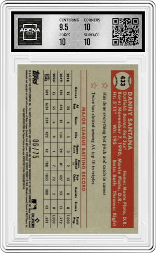 Danny Santana from the 2021 Topps Chrome Platinum Anniversary set featuring a Rose Gold Mini-Diamonds Refractor parallel graded by Arena Club and given an overall grade of 10.