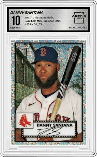 Danny Santana from the 2021 Topps Chrome Platinum Anniversary set featuring a Rose Gold Mini-Diamonds Refractor parallel graded by Arena Club and given an overall grade of 10.