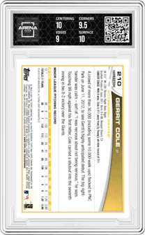 Gerrit Cole from the 2013 Topps Chrome set featuring a Refractor parallel graded by Arena Club and given an overall grade of 9.5.