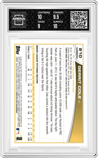 Gerrit Cole from the 2013 Topps Chrome set featuring a Refractor parallel graded by Arena Club and given an overall grade of 9.5.