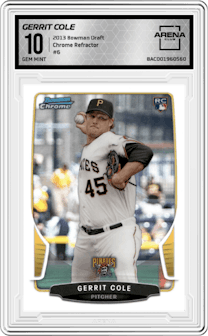 Gerrit Cole from the 2013 Bowman Drafts Picks & Prospects set featuring a Refractor parallel graded by Arena Club and given an overall grade of 10.