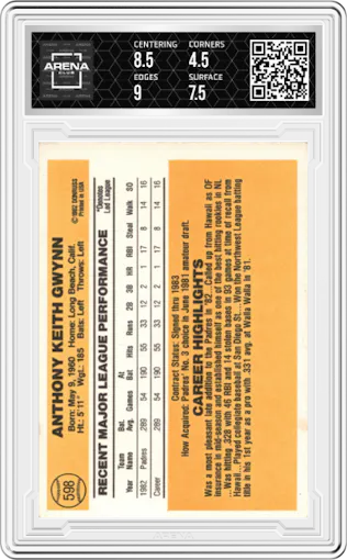 Tony Gwynn from the 1983 Donruss set graded by Arena Club and given an overall grade of 5.