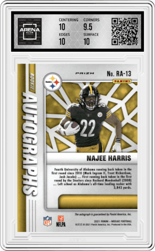 Najee Harris from the 2021 Panini Mosaic set graded by Arena Club and given an overall grade of 10.