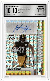 Najee Harris from the 2021 Panini Mosaic set graded by Arena Club and given an overall grade of 10.